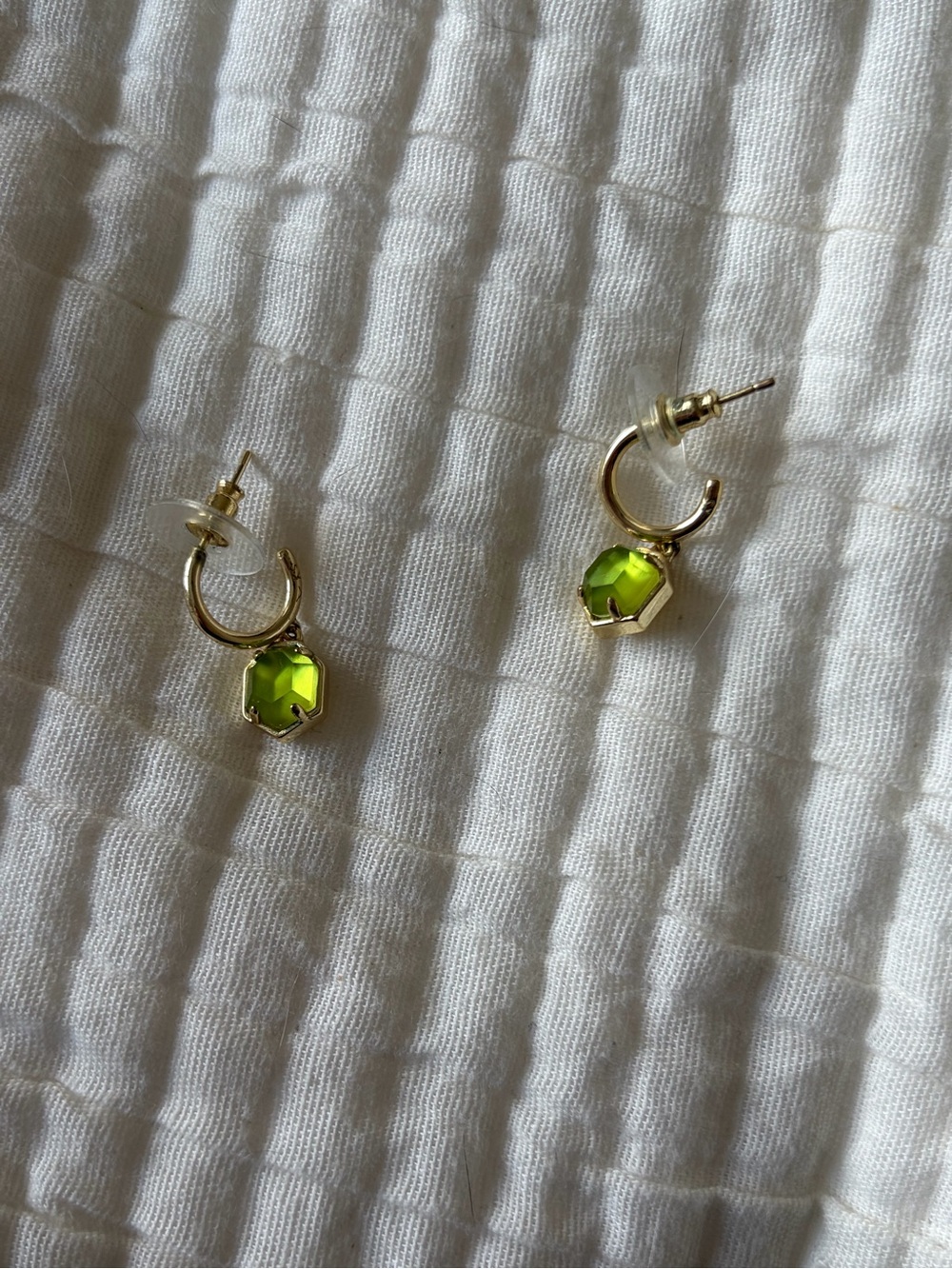 Gold Hoop Earrings with Lime Green Gemstone Dangles